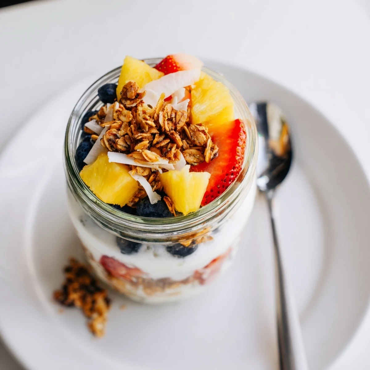 Refreshing Vanilla Bean Coconut Yogurt Parfait layered with tropical fruit and coconut flakes for breakfast.