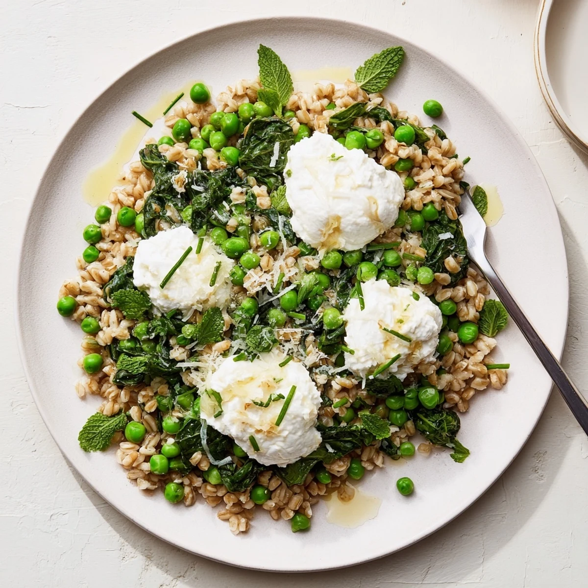 Lemon Ricotta Farro With Spring Herbs in a white bowl with fresh peas, spinach, and chopped herbs.