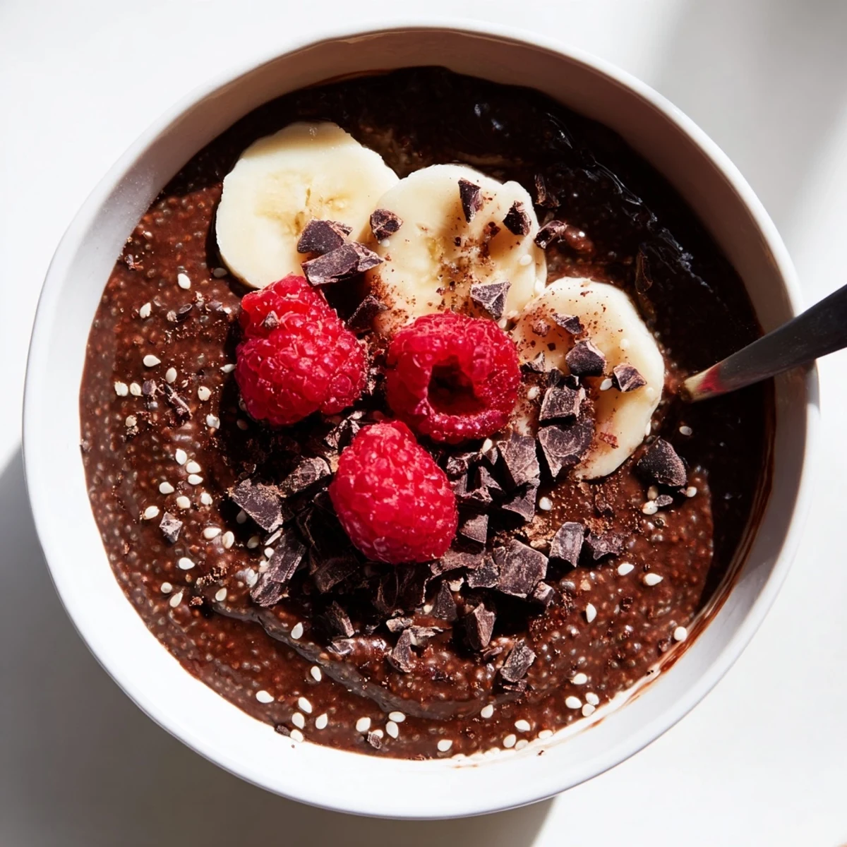 Close-up of creamy Chocolate Tahini Chia Pudding in a glass jar, topped with fresh raspberries and chopped dark chocolate.