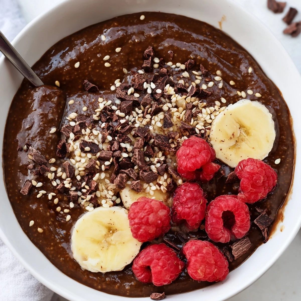 A chilled bowl of Chocolate Tahini Chiu Pudding with sliced banana and roasted sesame seeds on a rustic wooden table.