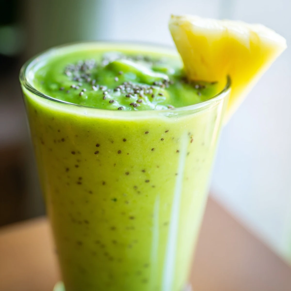 A glass of Pineapple Ginger Green Smoothie showing vibrant green hue, with a pineapple wedge garnish and condensation on the side.