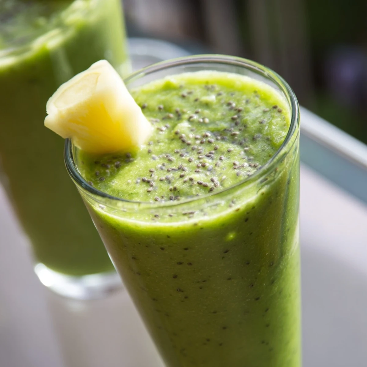 The Pineapple Ginger Green Smoothie in a clear jar with a reusable straw, spinach visible, served beside fresh ginger and pineapple.