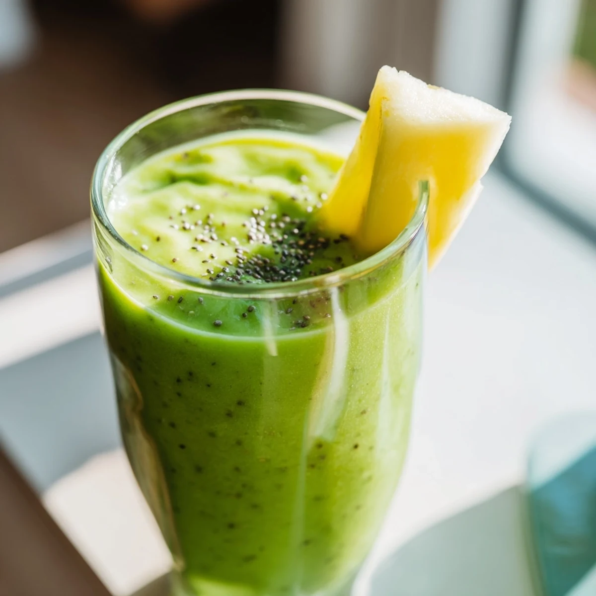 Close-up of Pineapple Ginger Green Smoothie in a mason glass, chia seeds sprinkled on top, ready for a healthy breakfast or snack.