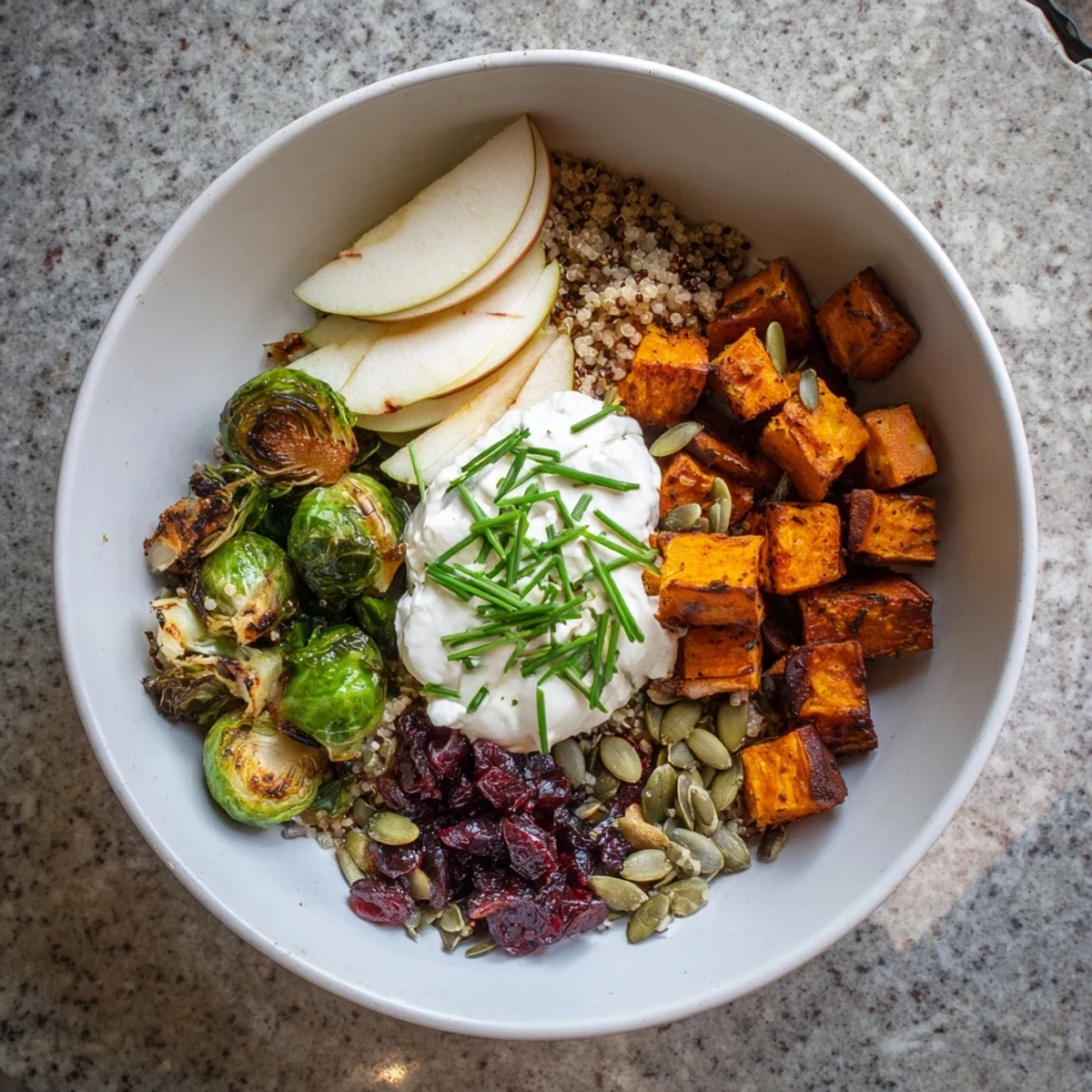 The Savory Cottage Cheese Harvest Bowl features creamy cottage cheese atop quinoa and tender roasted autumn vegetables.