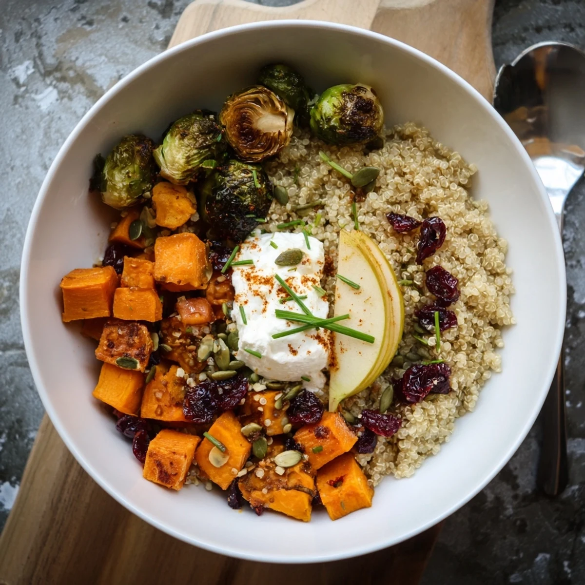 For a warm meal, this Savory Cottage Cheese Harvest Bowl showcases butternut squash, cranberries, and a balsamic drizzle.