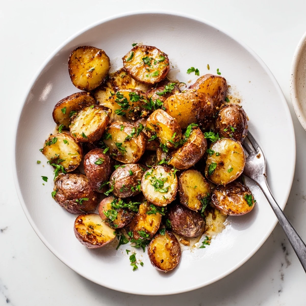 Roasted radishes glazed with maple and Dijon in a rustic white dish, garnished with fresh parsley for a vibrant side dish.
