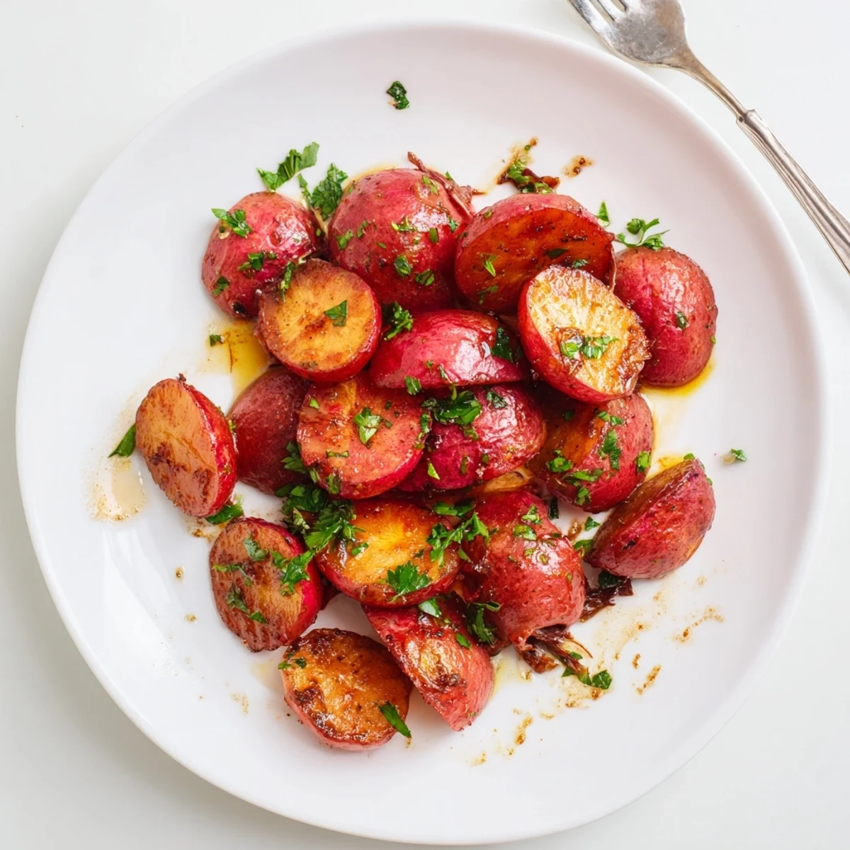 Maple Dijon roasted radishes on a wooden table, showcasing their tender texture and caramelized edges from the oven roasting.