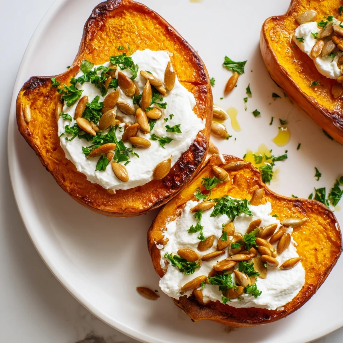 Golden roasted honeynut squash halves rest on a bed of creamy whipped feta, topped with a drizzle of herb oil and toasted pumpkin seeds.