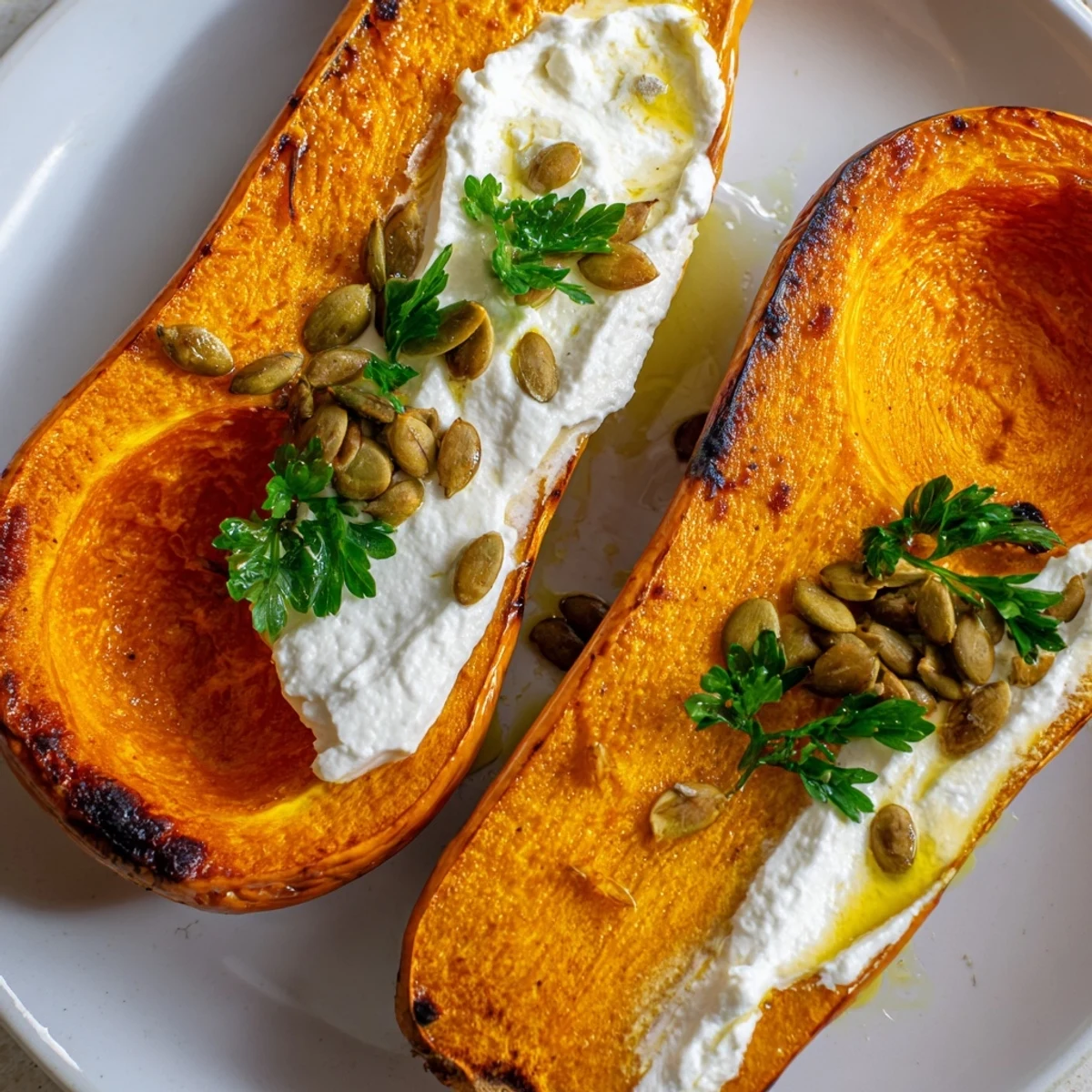 A close-up view of tender, caramelized Roasted Honeynut Squash With Whipped Feta, garnished with fresh parsley and a pinch of chili flakes.