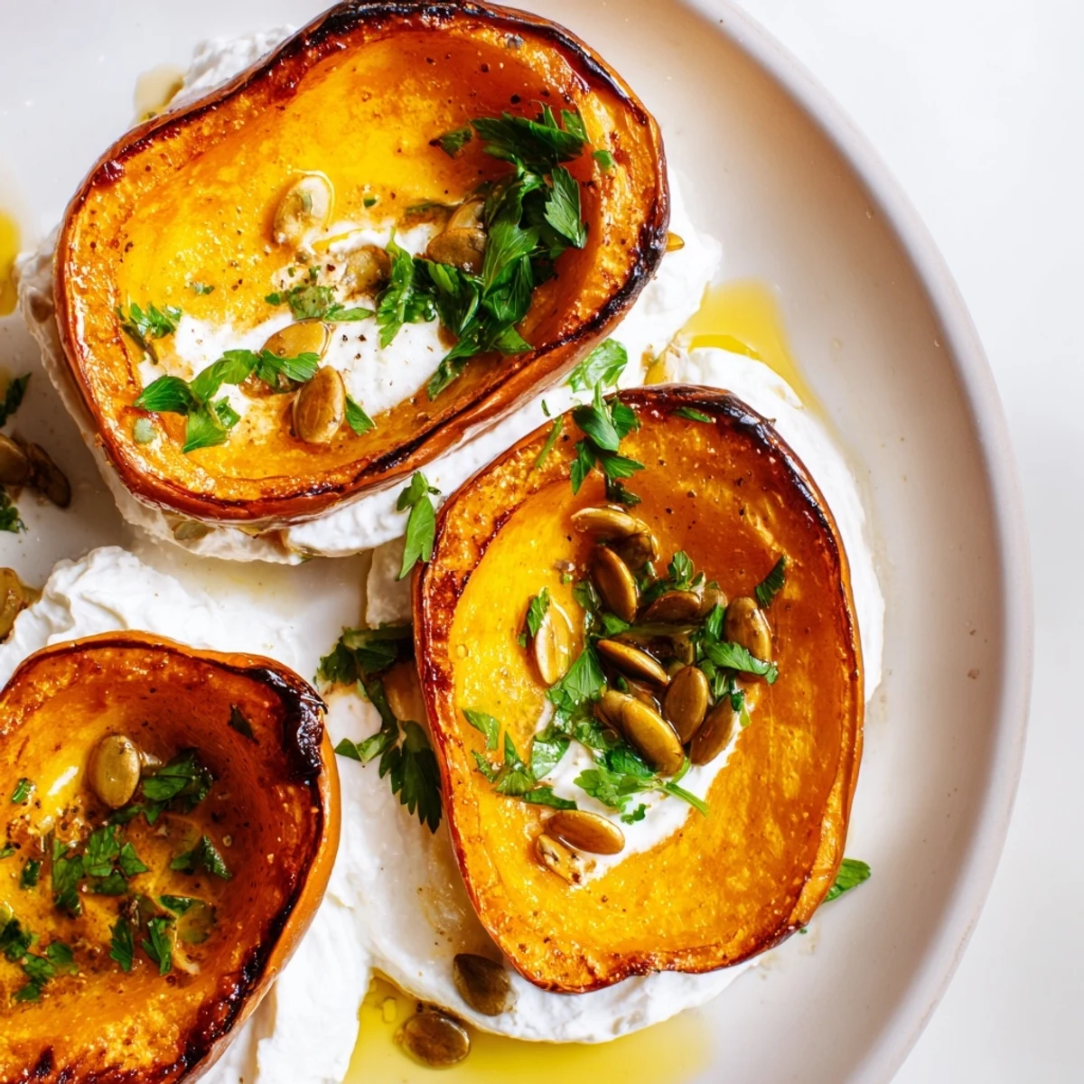 Seasonal roasted honeynut squash served warm over tangy whipped feta, perfect for a vegetarian and gluten-free autumn appetizer or side.
