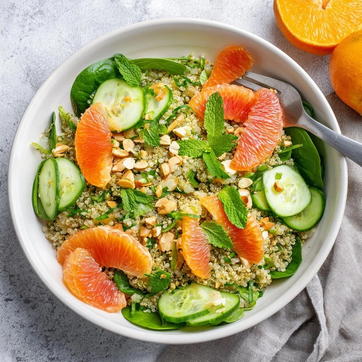 Shaved carrot ribbons and fluffy quinoa in a bright Carrot Ribbon and Quinoa Citrus Salad topped with fresh mint.