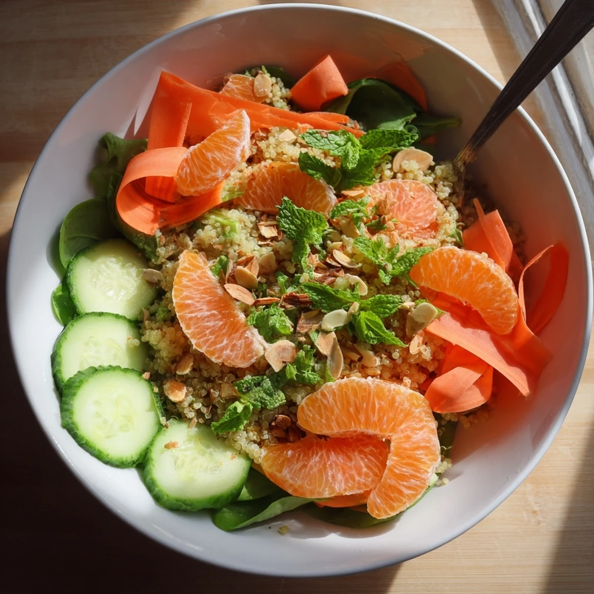 A close-up of the Carrot Ribbon and Quinoa Citrus Salad with juicy citrus segments and crunchy toasted almonds.