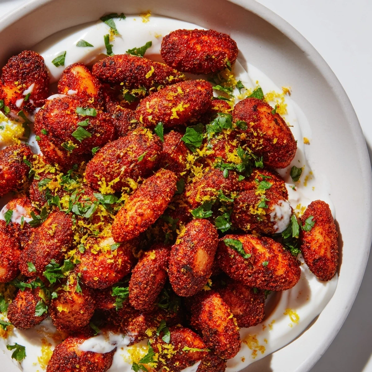 Roasted harissa white beans on a parchment-lined baking sheet, ready to be served warm or room temperature.