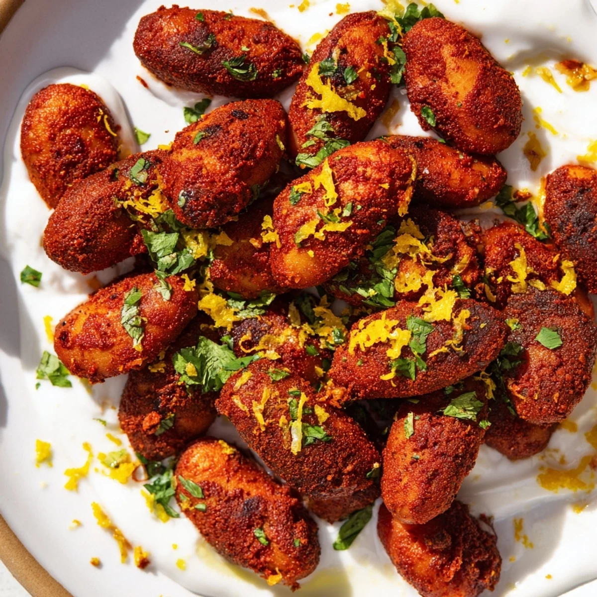 Golden-brown crispy harissa white beans in a serving bowl with fresh parsley, lemon zest, and tahini drizzle.