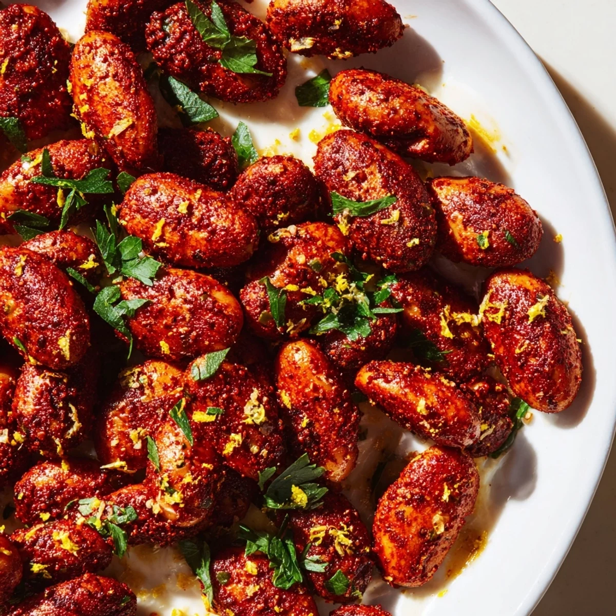 Vibrant Mediterranean-style harissa white beans garnished with lemon zest and parsley, a perfect vegan snack or side.