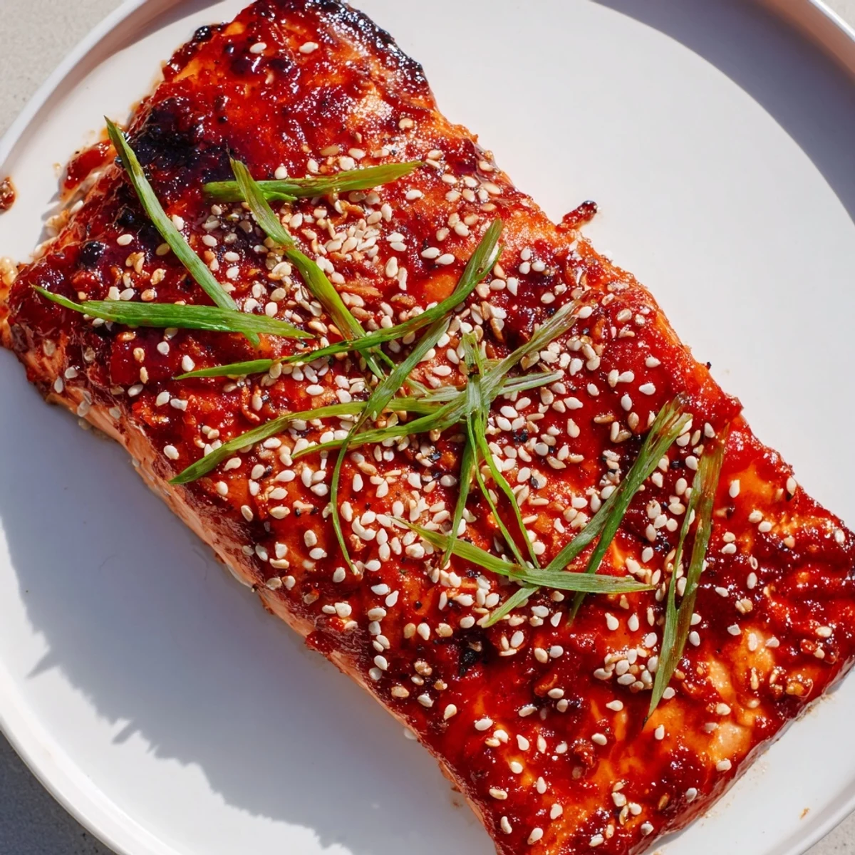 The Gochujang Glazed Salmon rests on a white plate, its glossy red-orange glaze glistening with toasted sesame seeds and fresh green onions.