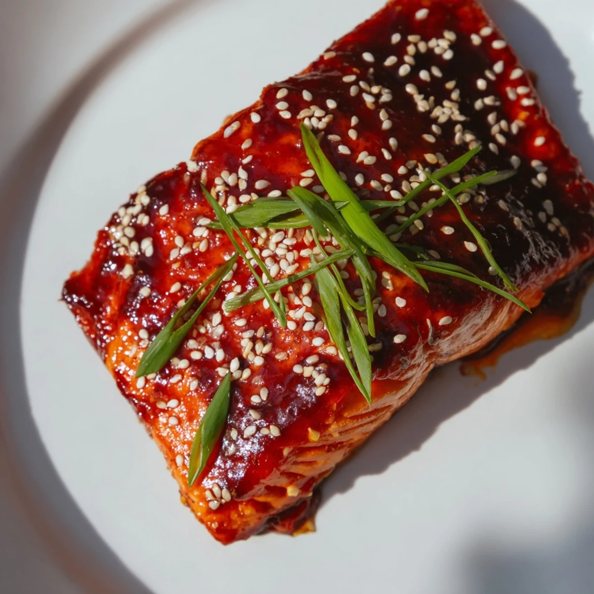 A close-up of Gochujang Glazed Salmon highlights its caramelized edges and flaky texture, paired with steamed rice and lime wedges.