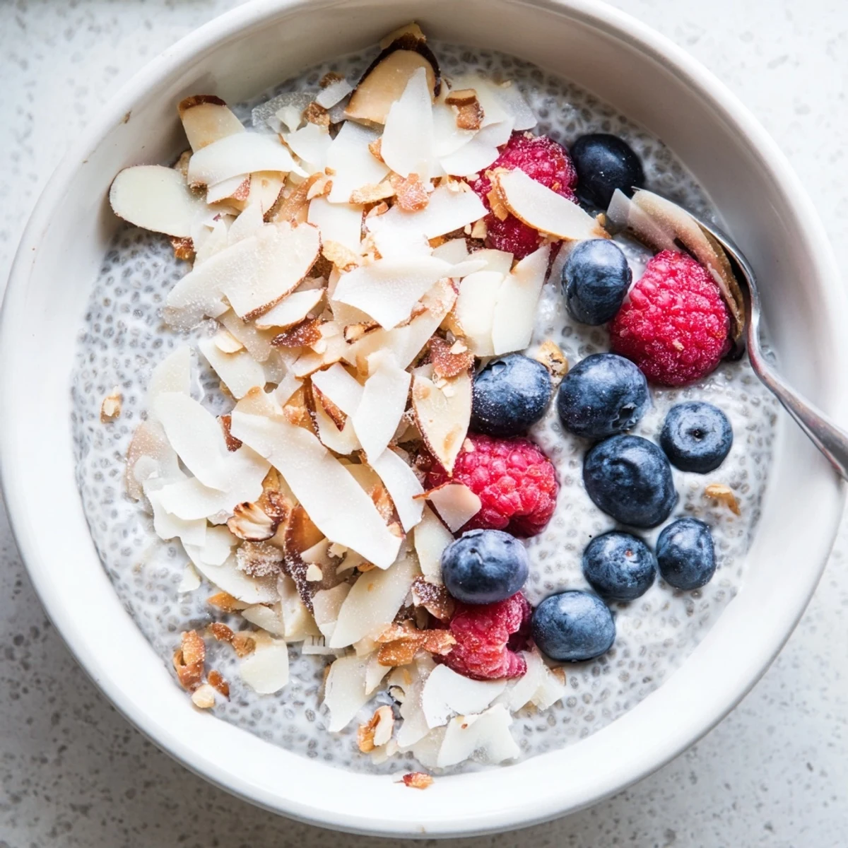 Overhead view of Coconut Almond Chia Pudding garnished with berries and sliced almonds.