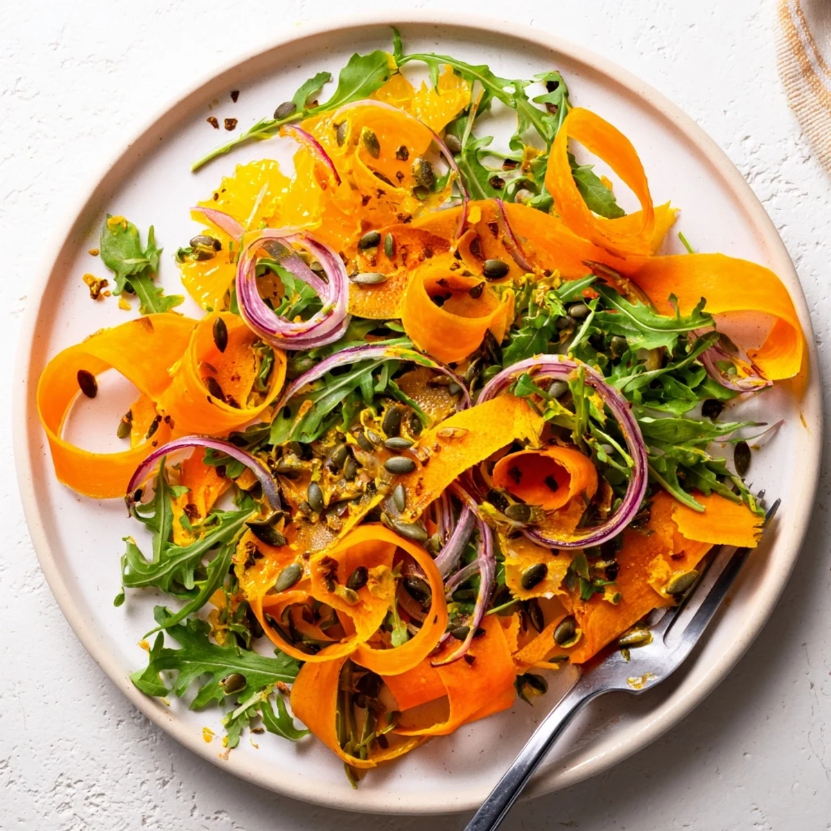 A close-up of Citrus Roasted Carrot Ribbon Salad shows orange zest and seeds adding texture.