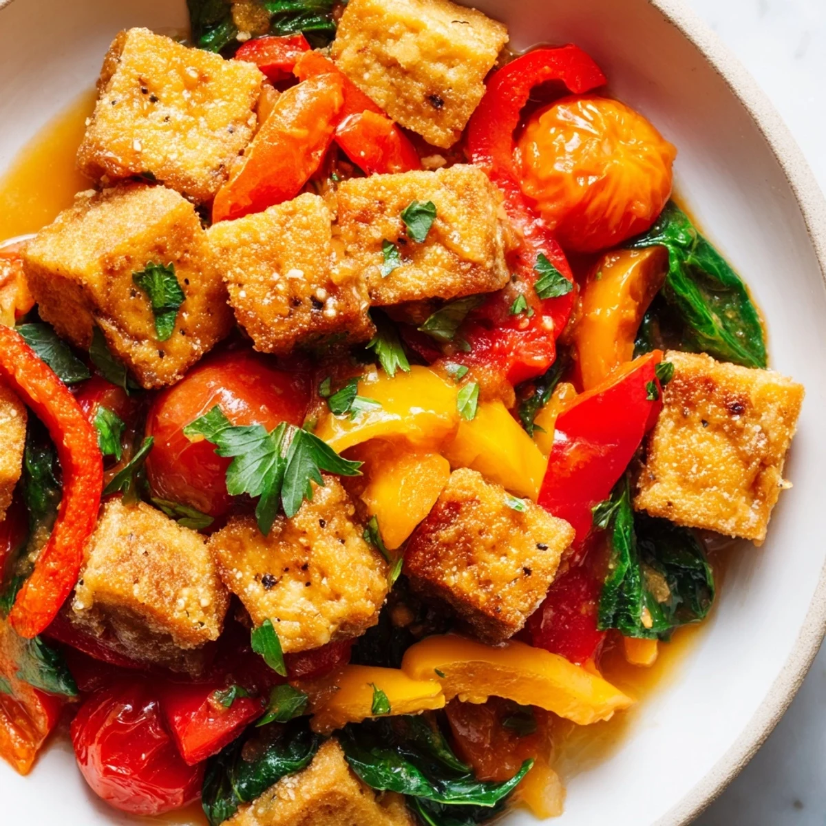 A close-up of Smoky Paprika Tofu Skillet with crispy tofu cubes and colorful peppers in a rustic cast iron pan.