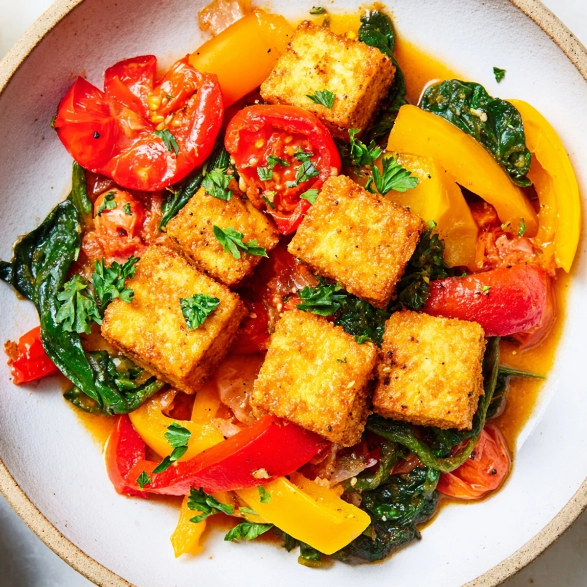 An overhead view of the vibrant Smoky Paprika Tofu Skillet featuring sautéed vegetables and spinach in a ceramic dish.