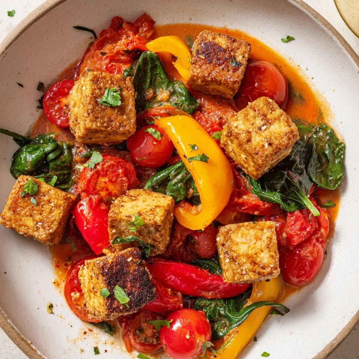 Smoky Paprika Tofu Skillet served over fluffy quinoa, garnished with fresh parsley and bright lemon wedges.