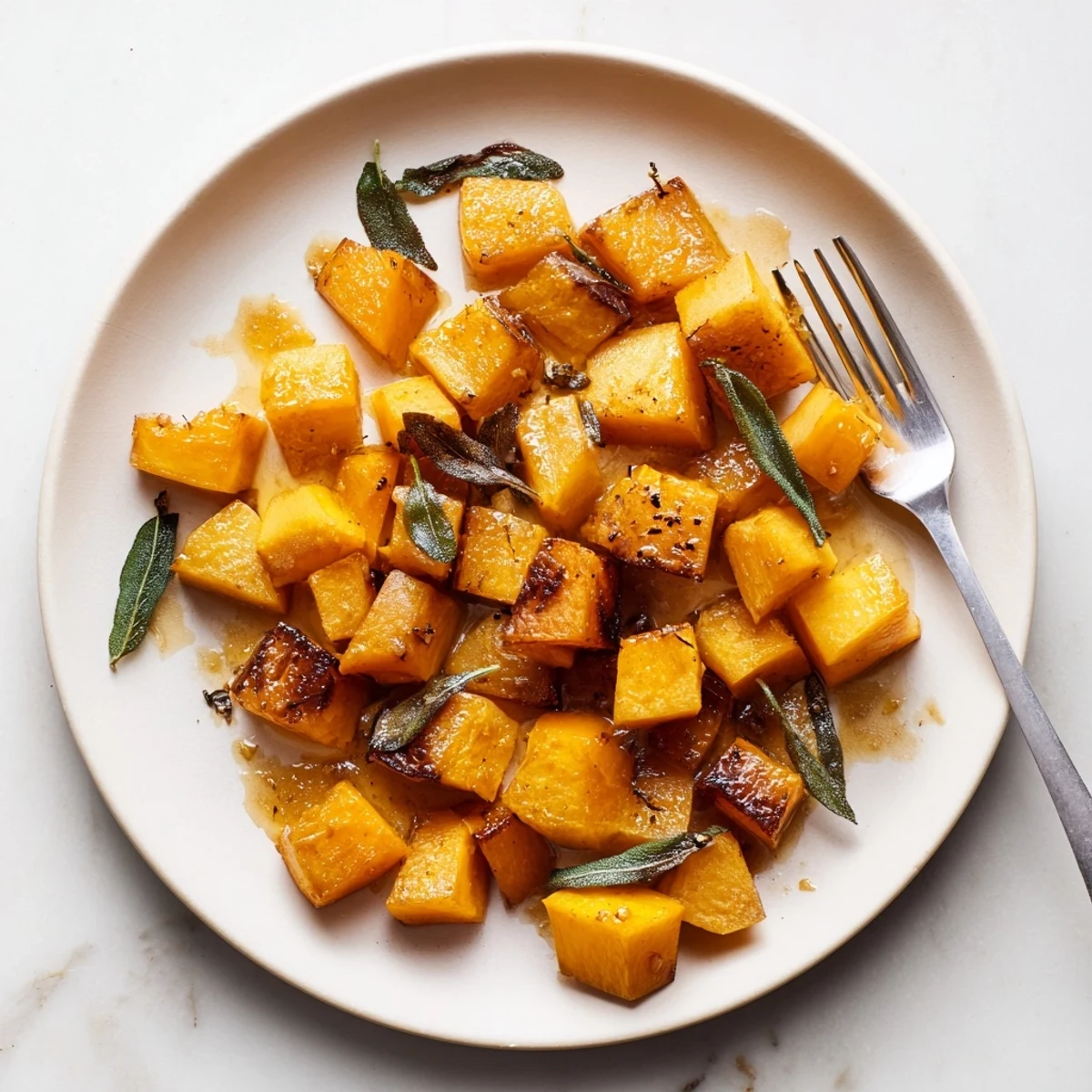 Golden roasted butternut squash cubes tossed in nutty sage butter for a warm autumn side.