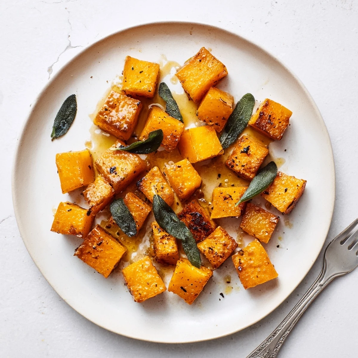 Close-up of caramelized roasted butternut squash with sage butter, glistening with savory herb richness.