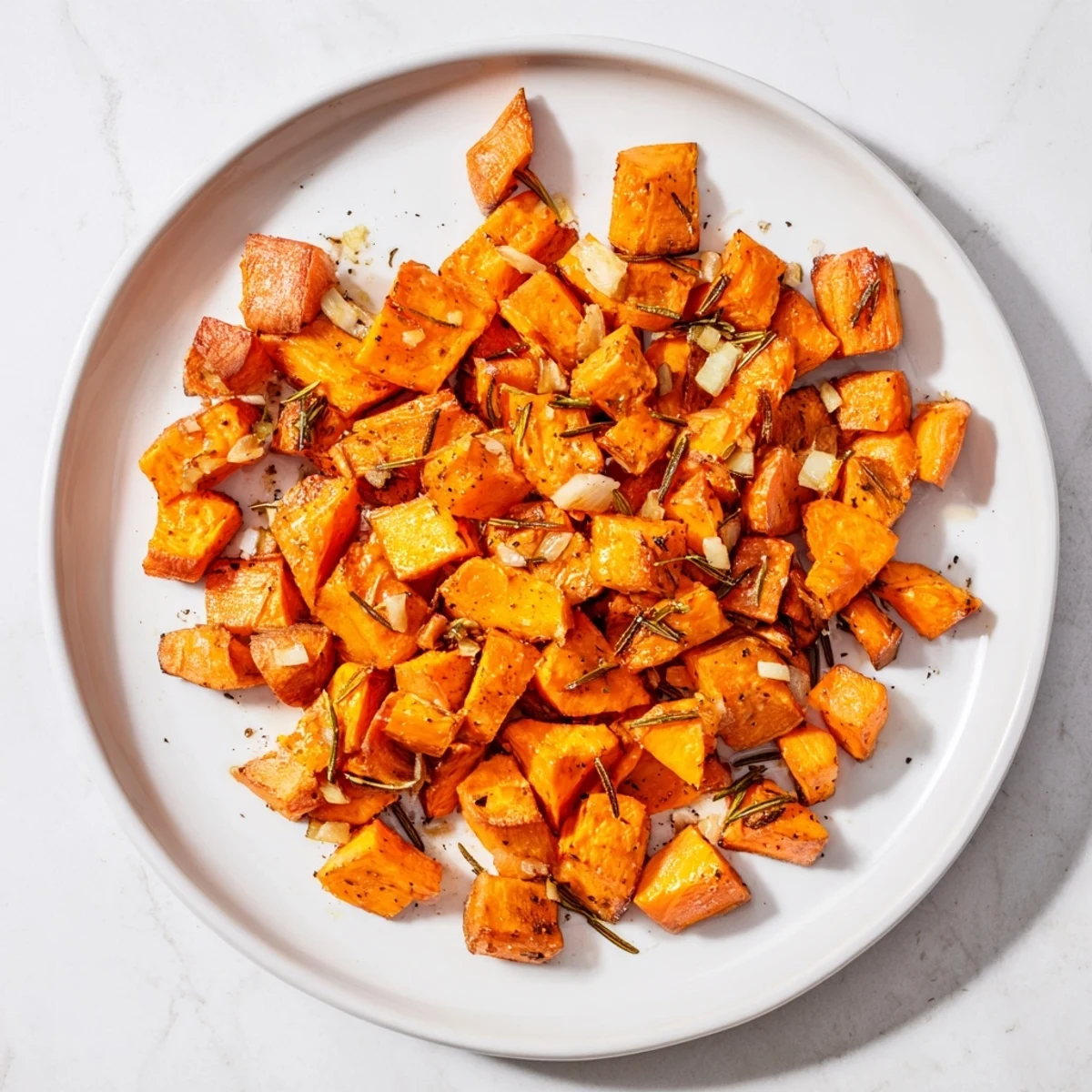 Roasted sweet potatoes with garlic rosemary garnish on a rustic wooden board, served as a vegan side.