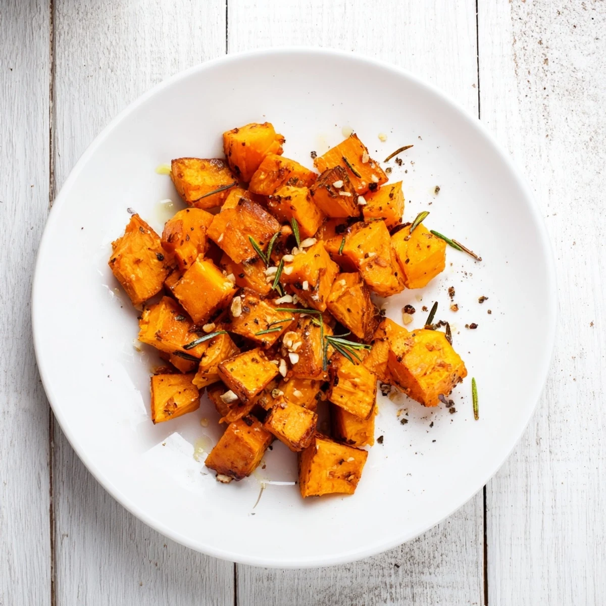 Golden Garlic Rosemary Roasted Sweet potatoes on a baking sheet, fresh from the oven and ready to serve.