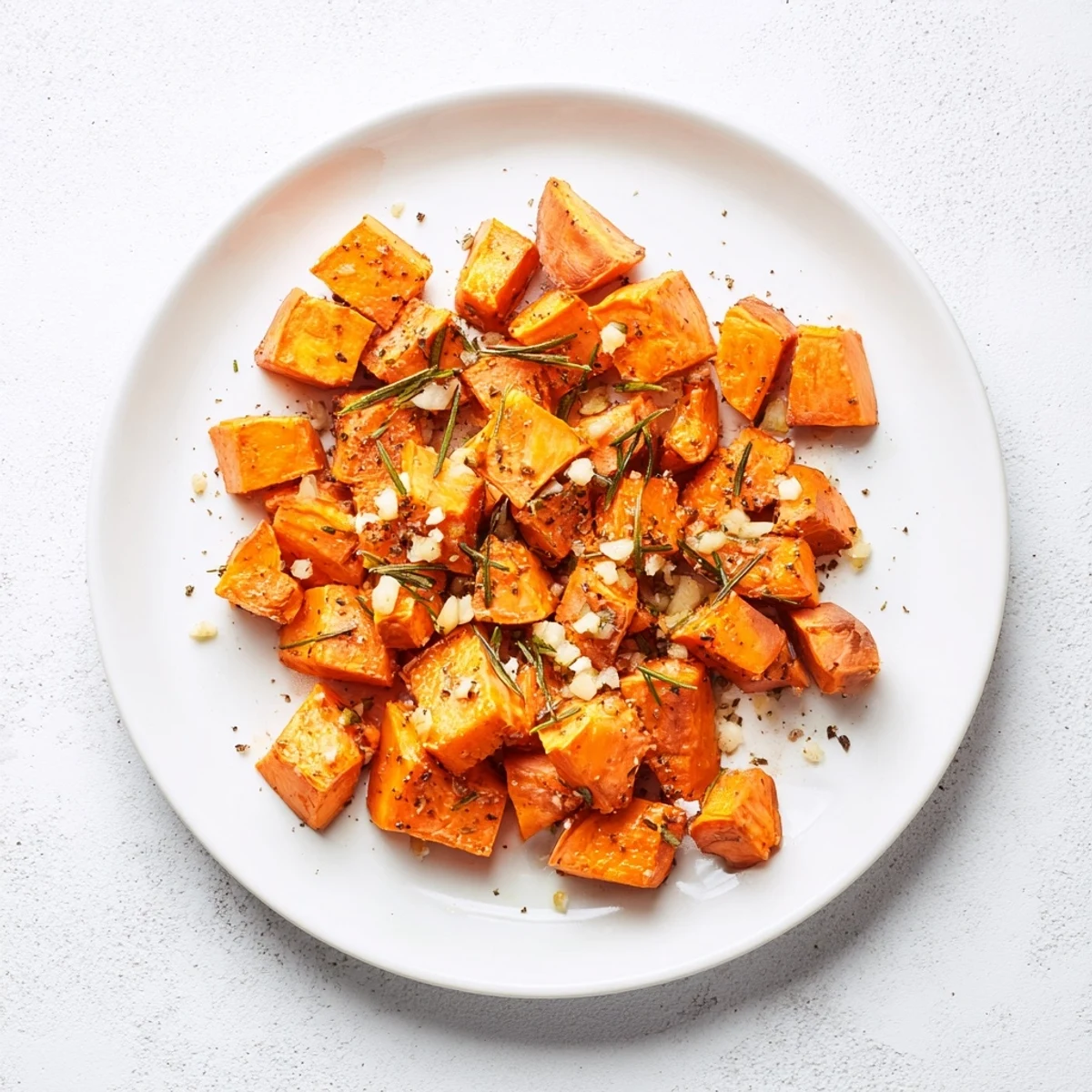 Garlic Rosemary Roasted Sweet Potatoes in a white bowl, garnished with fresh herbs and sliced for dinner.