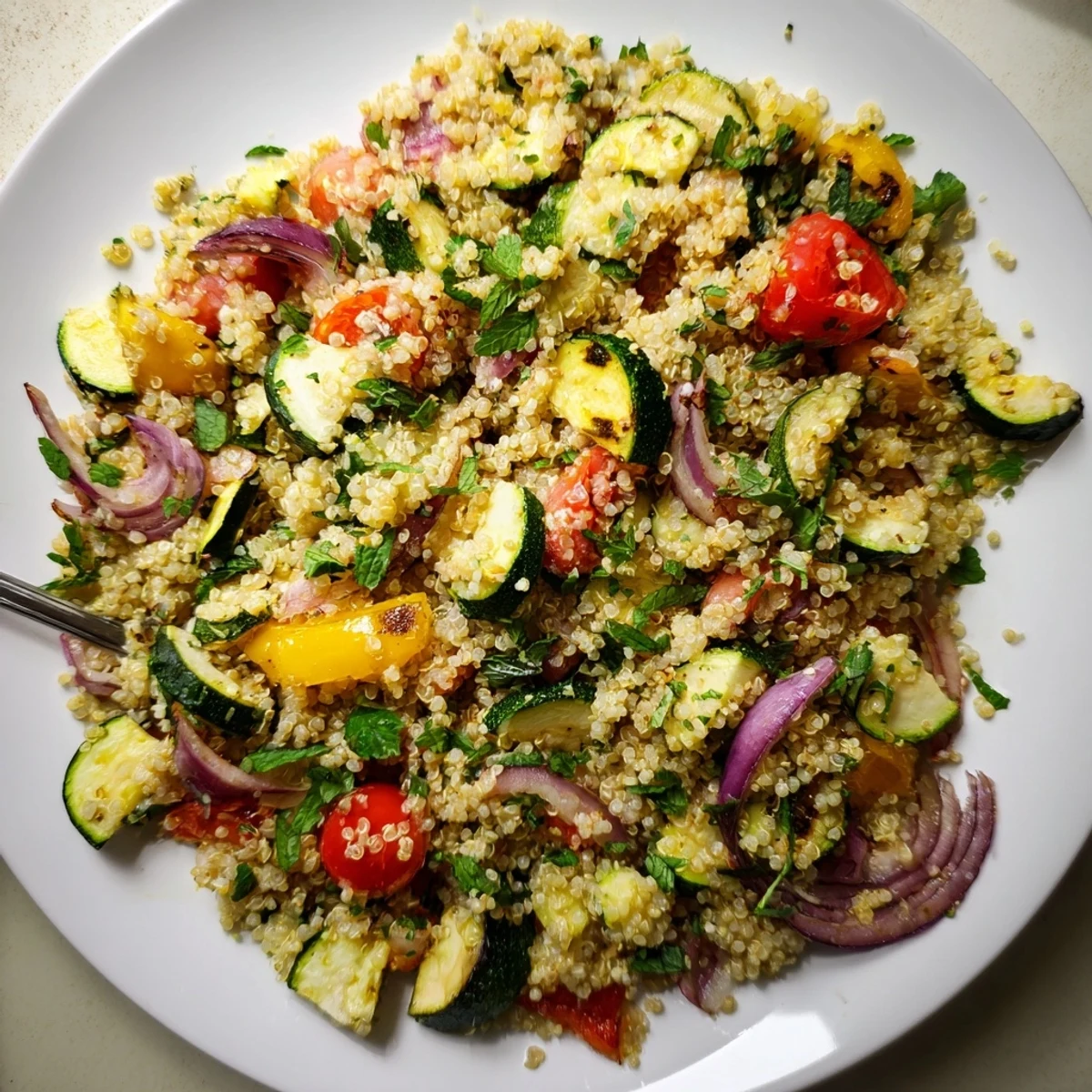 Golden roasted vegetables and fluffy herbed quinoa mixed with fresh parsley and mint in a vibrant salad bowl.