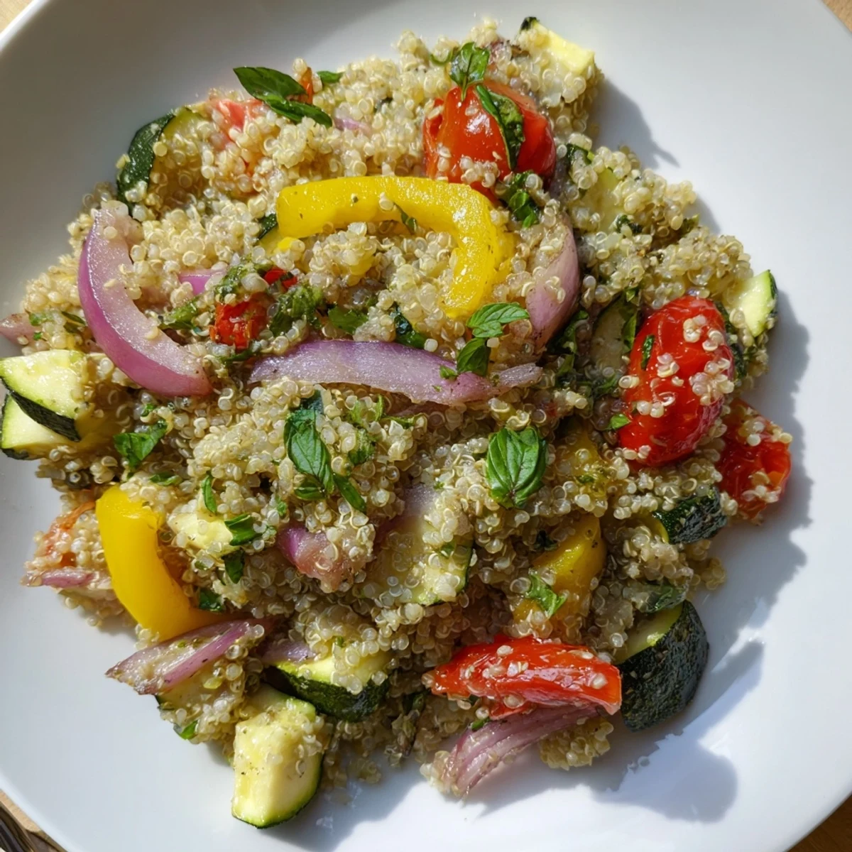 Healthy Mediterranean-inspired Herbed Quinoa and Roasted Veggie Salad garnished with basil and ready to enjoy at a picnic.