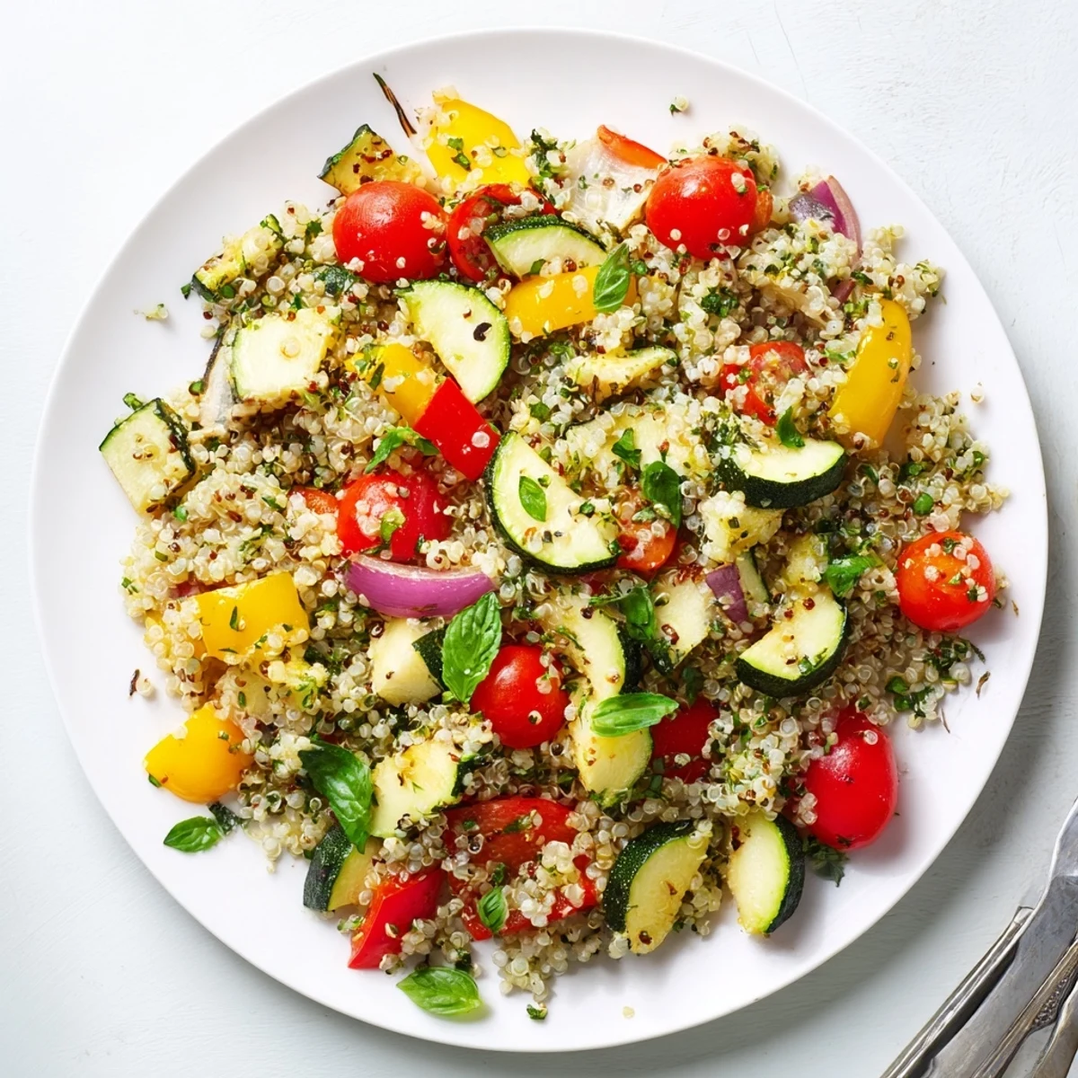 A close view of the zesty lemon-dressed Herbed Quinoa and Roasted Veggie Salad served on a white plate.