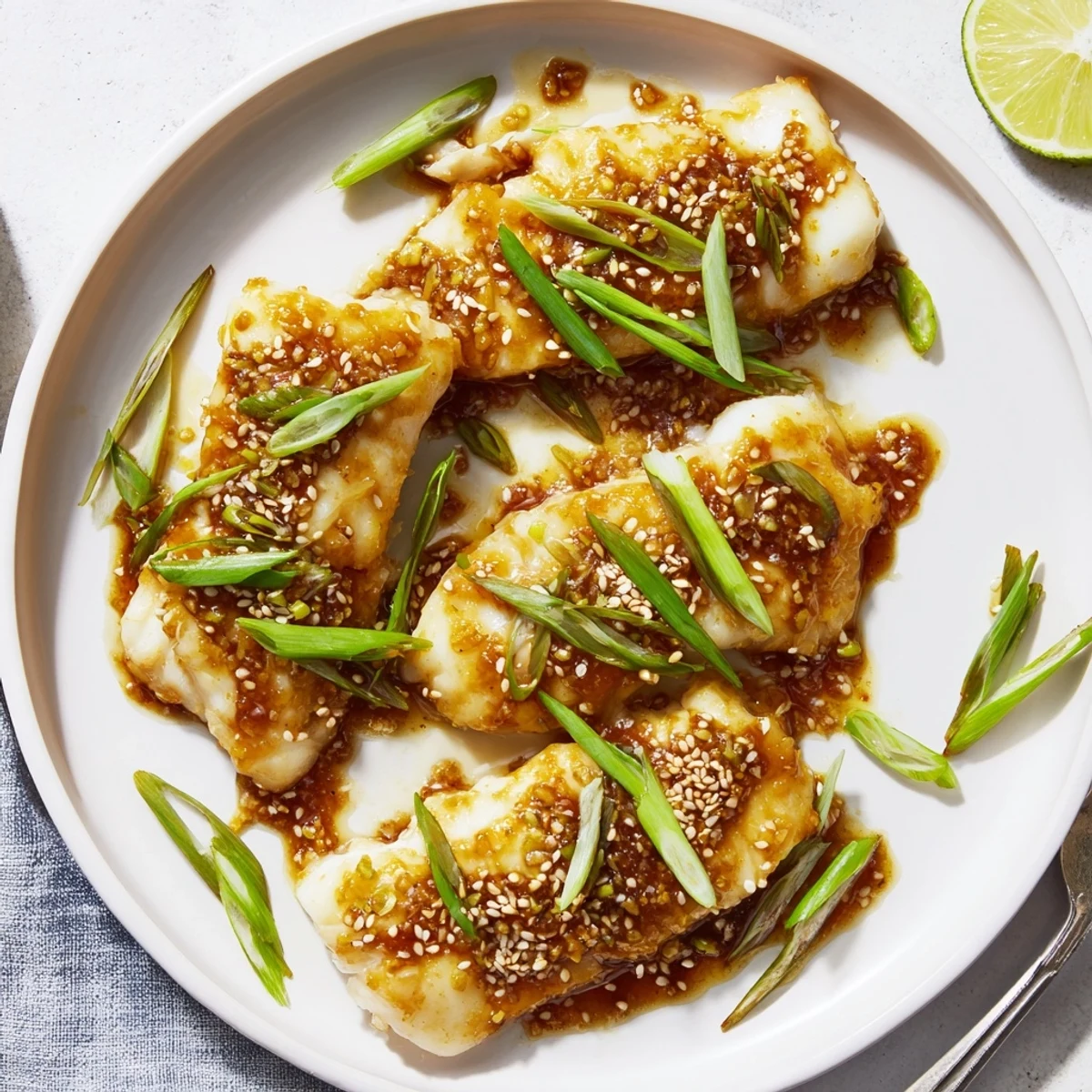 Golden-brown Miso Maple Glazed Cod fillets rest on a white plate, garnished with green onions and sesame seeds, next to lime wedges for serving.