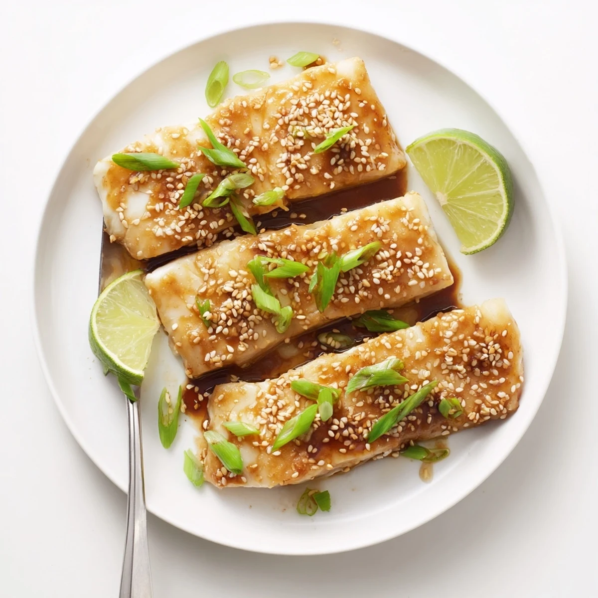 Close-up view of tender Miso Maple Glazed Cod topped with sesame seeds and scallions, showcasing a moist texture perfect for a quick meal.