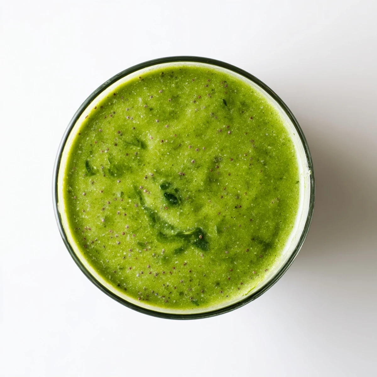Ready to drink, the Kale Pineapple Spinach Smoothie is poured into a mason jar, showing a smooth texture and topped with a sprinkle of chia seeds.