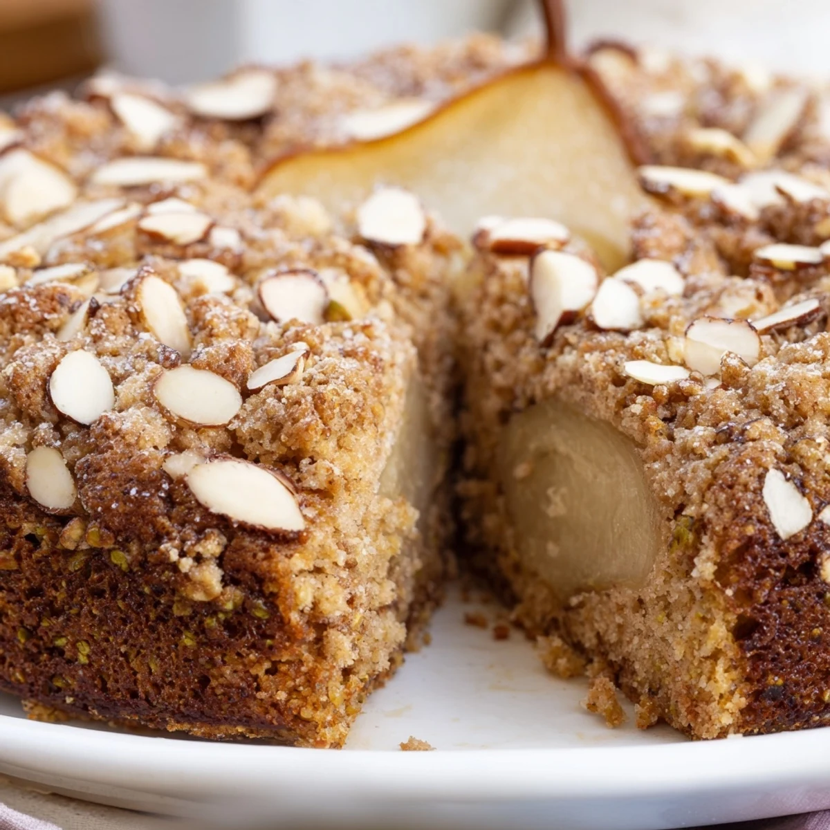 Freshly baked Cardamom Pear Almond Cake slices reveal juicy pears and sliced almond toppings.