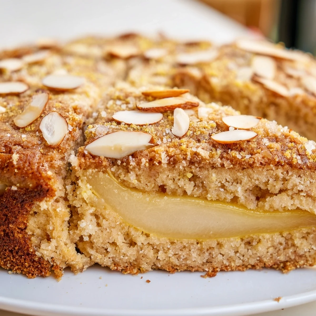 Moist Cardamom Pear Almond Cake with golden edges and confectioners sugar dusting for serving.