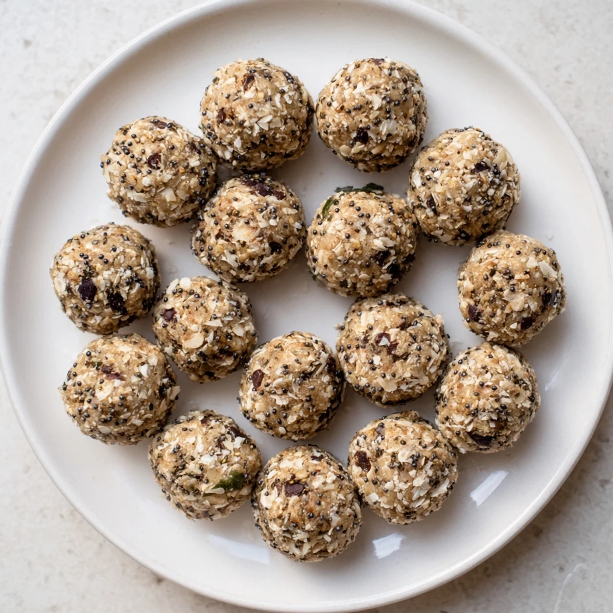A close-up of Vanilla Almond Oat Energy Bites with chocolate chips, ideal for a quick snack.