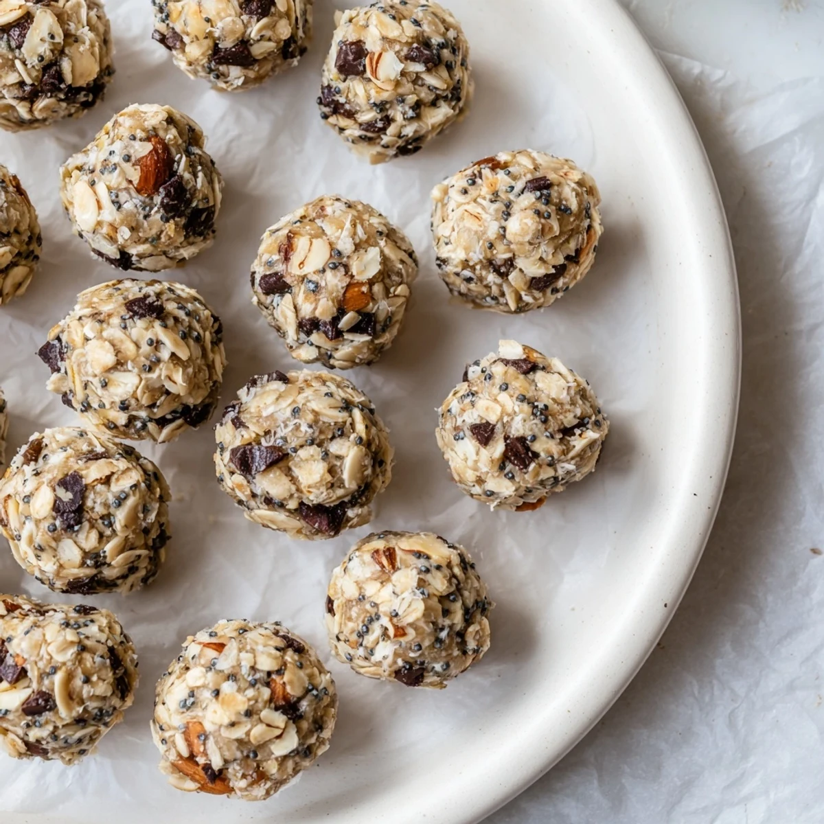 Plate of Vanilla Almond Oat Energy Bites with a glass of milk, perfect for afternoon fuel.