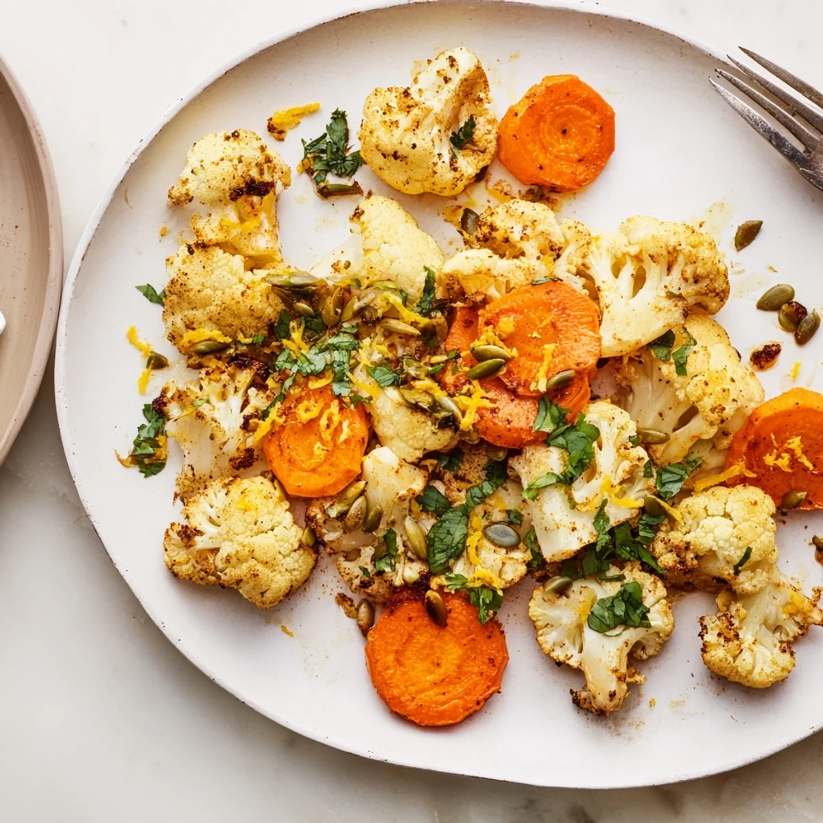 Golden roasted Spiced Cauliflower and Carrot Medley with fresh cilantro and toasted pumpkin seeds on a platter.
