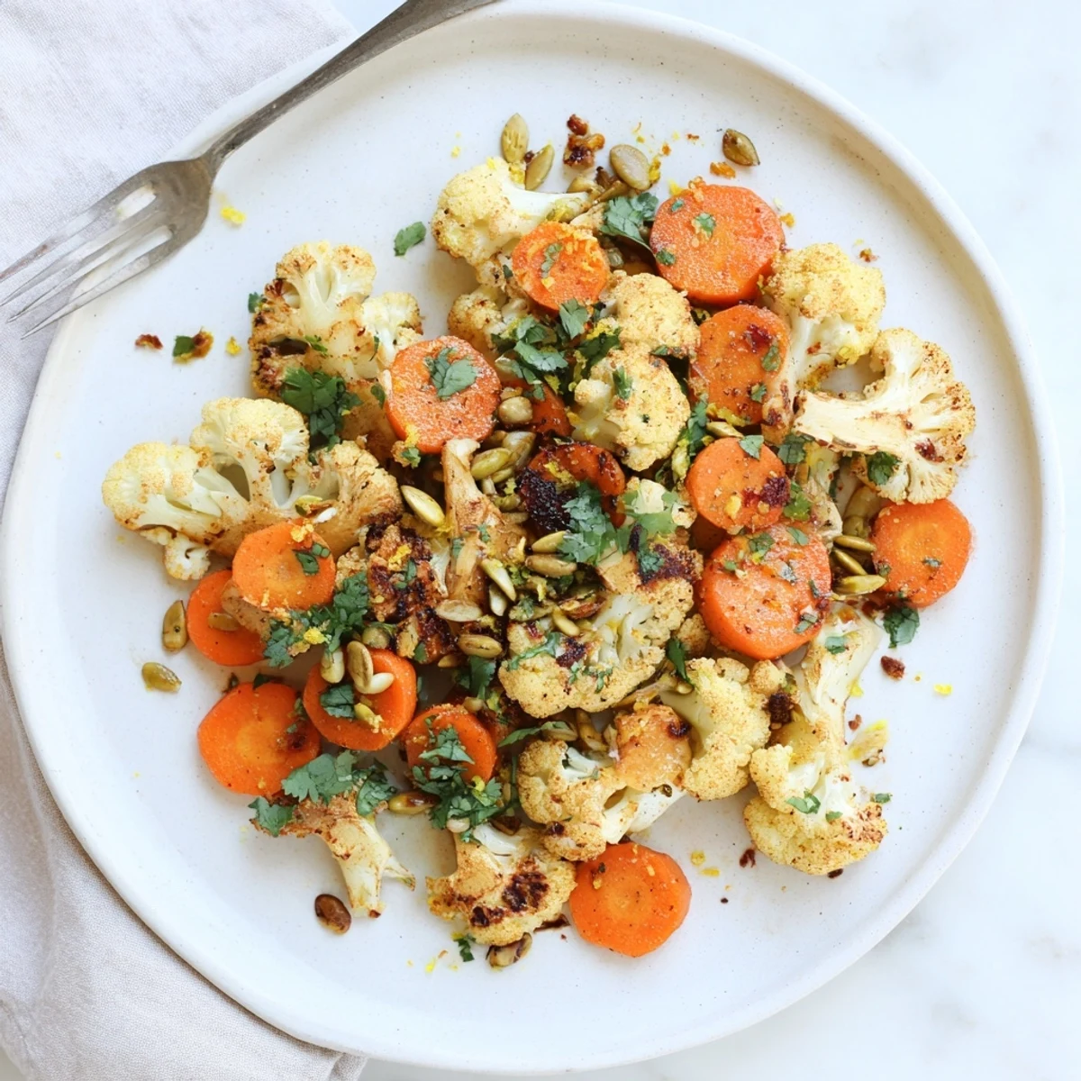 Freshly roasted Spiced Cauliflower and Carrot Medley in a rustic bowl with aromatic cumin and turmeric spices.
