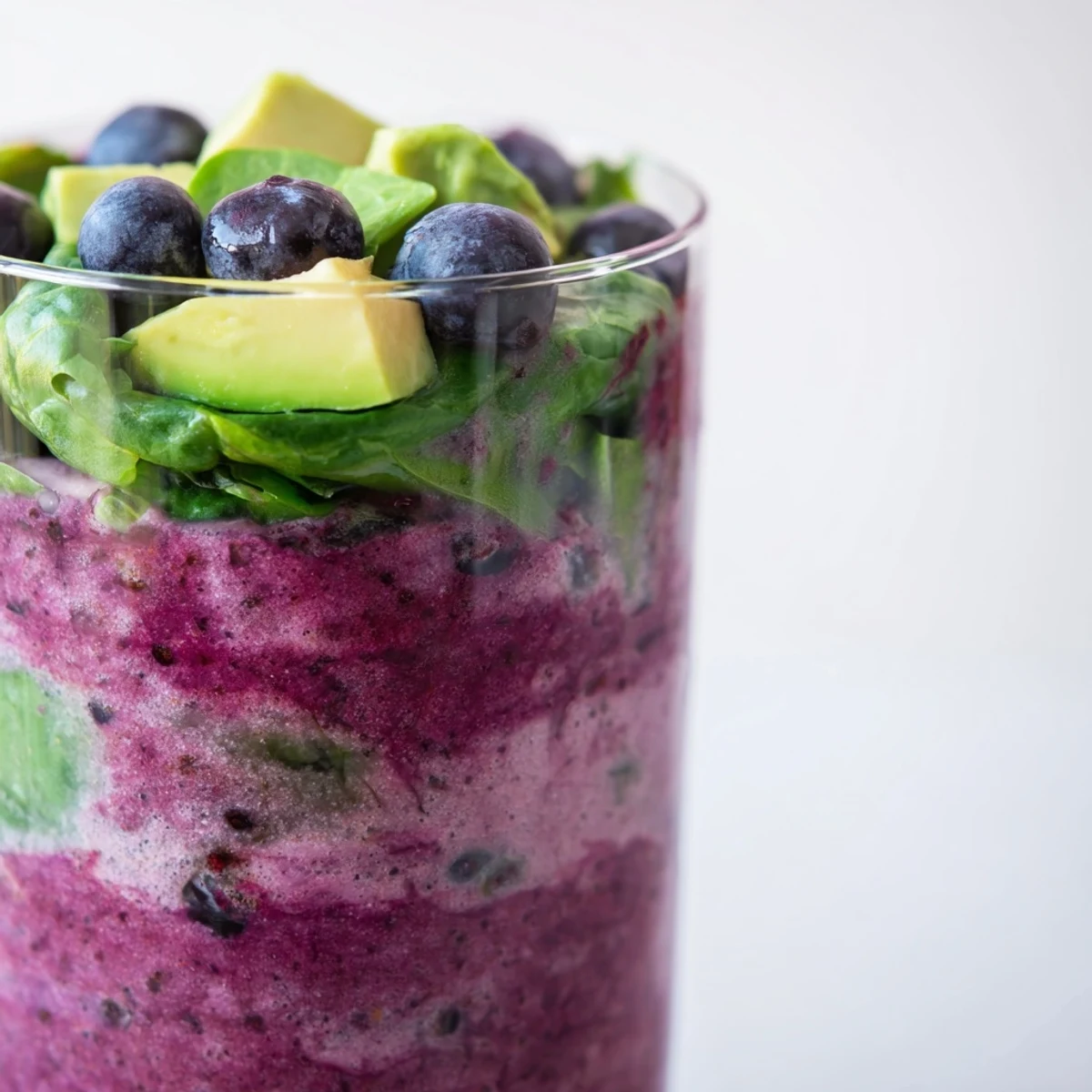 A refreshing Blueberry Avocado Spinach Smoothie blended with almond milk, topped with mint leaves and a wooden spoon.