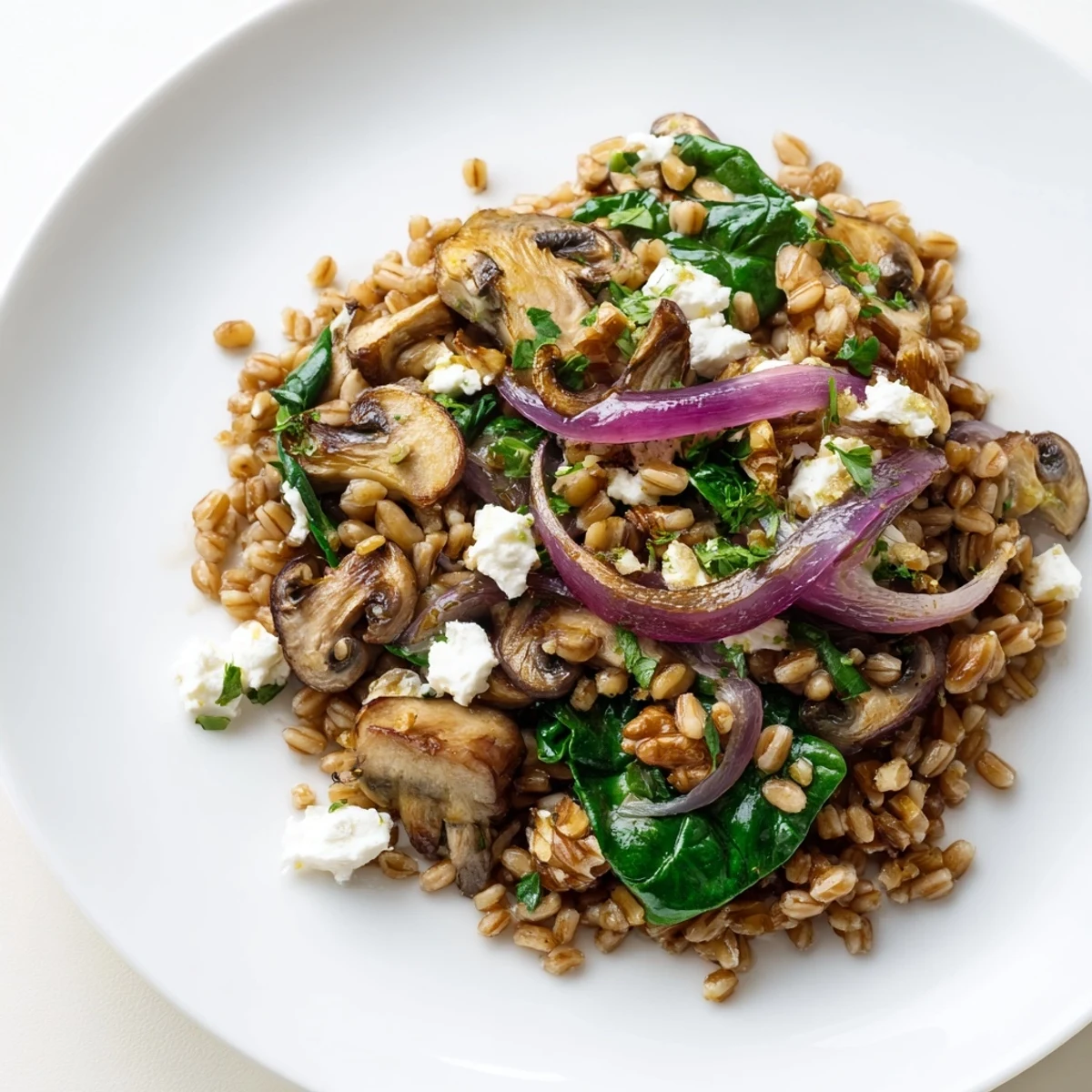 Warm Farro and Roasted Mushroom Salad with tender greens and feta on a rustic platter, served warm.