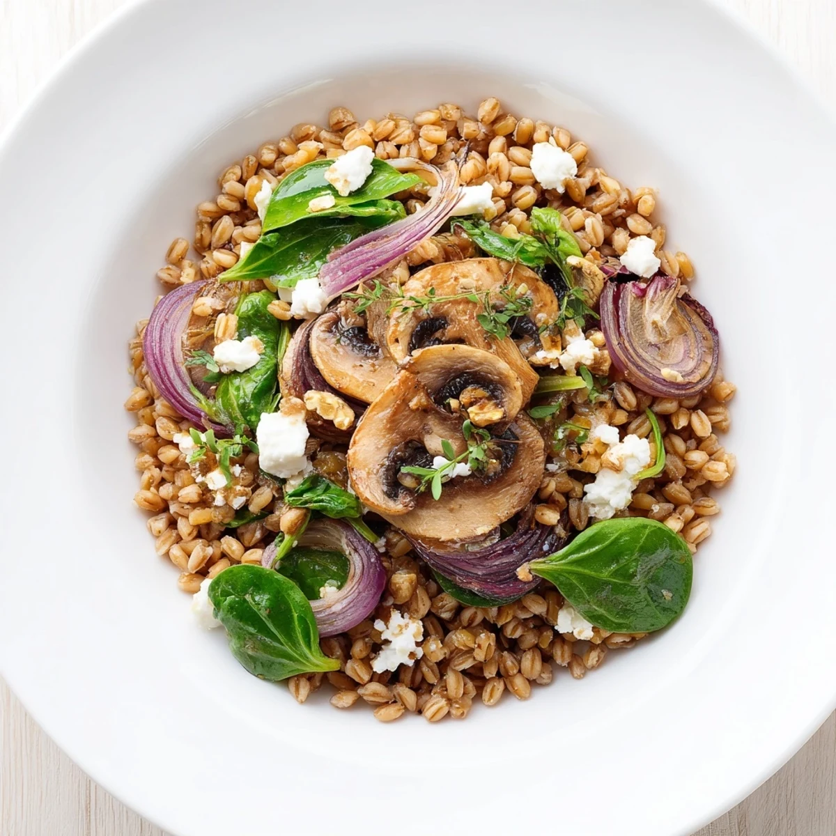 Golden roasted mushrooms and nutty farro tossed in a zesty lemon-herb vinaigrette, topped with walnuts.