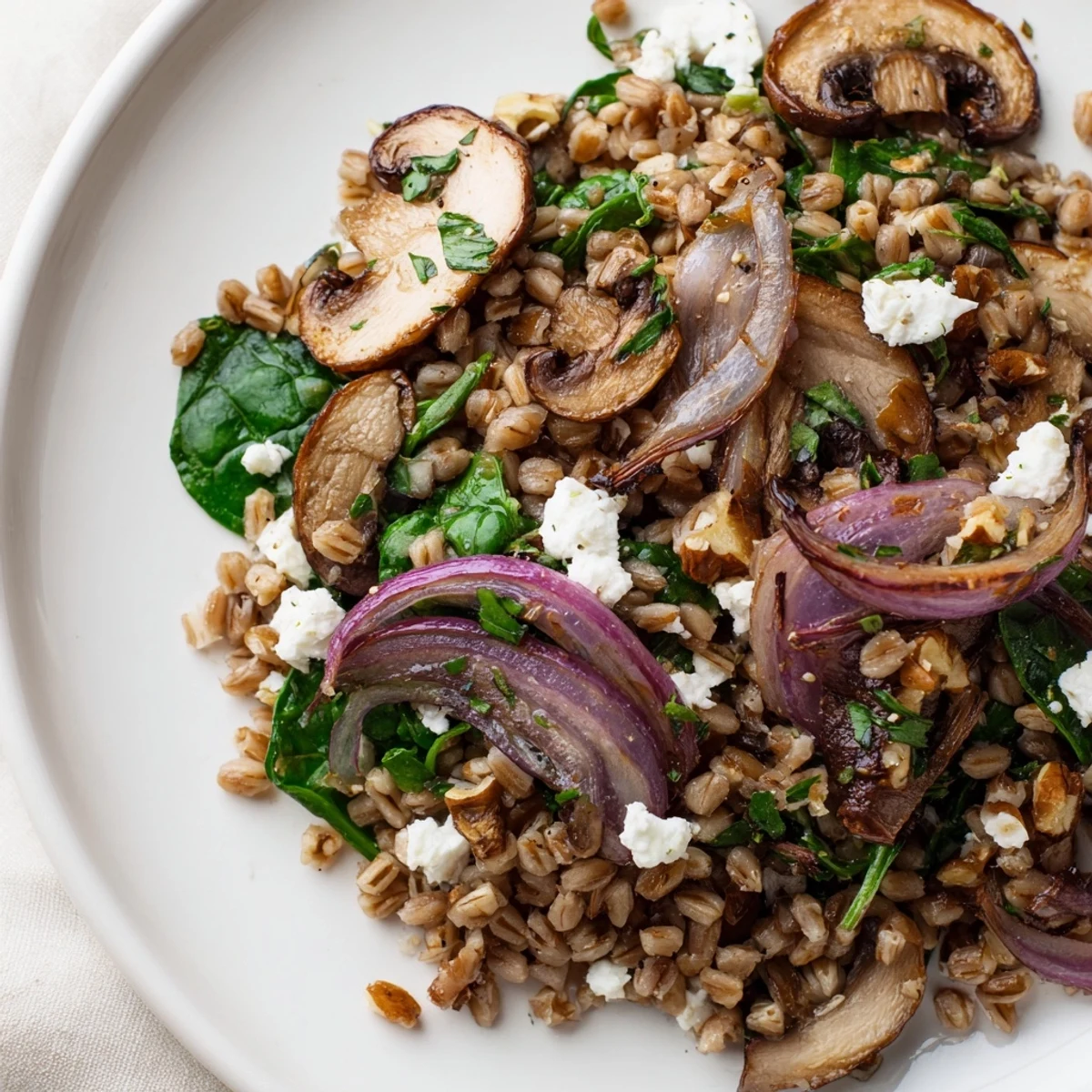 Hearty Mediterranean-inspired Warm Farro and Roasted Mushroom Salad, perfect as a vegetarian main or side dish.