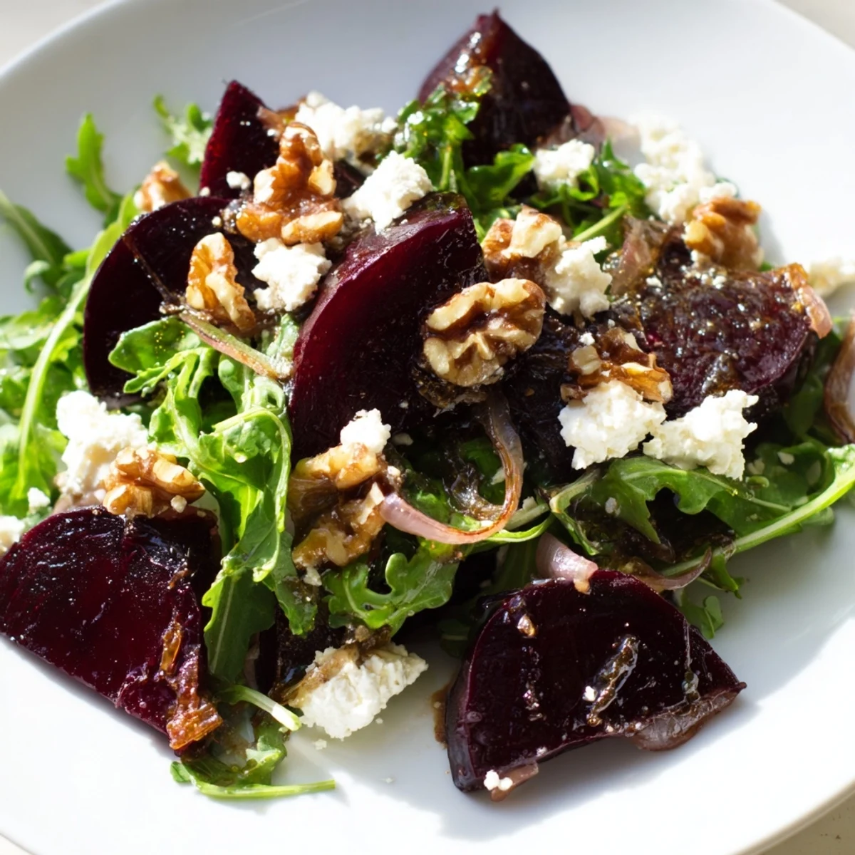 Maple roasted beet and arugula salad with creamy goat cheese and crunchy walnuts on a white plate.