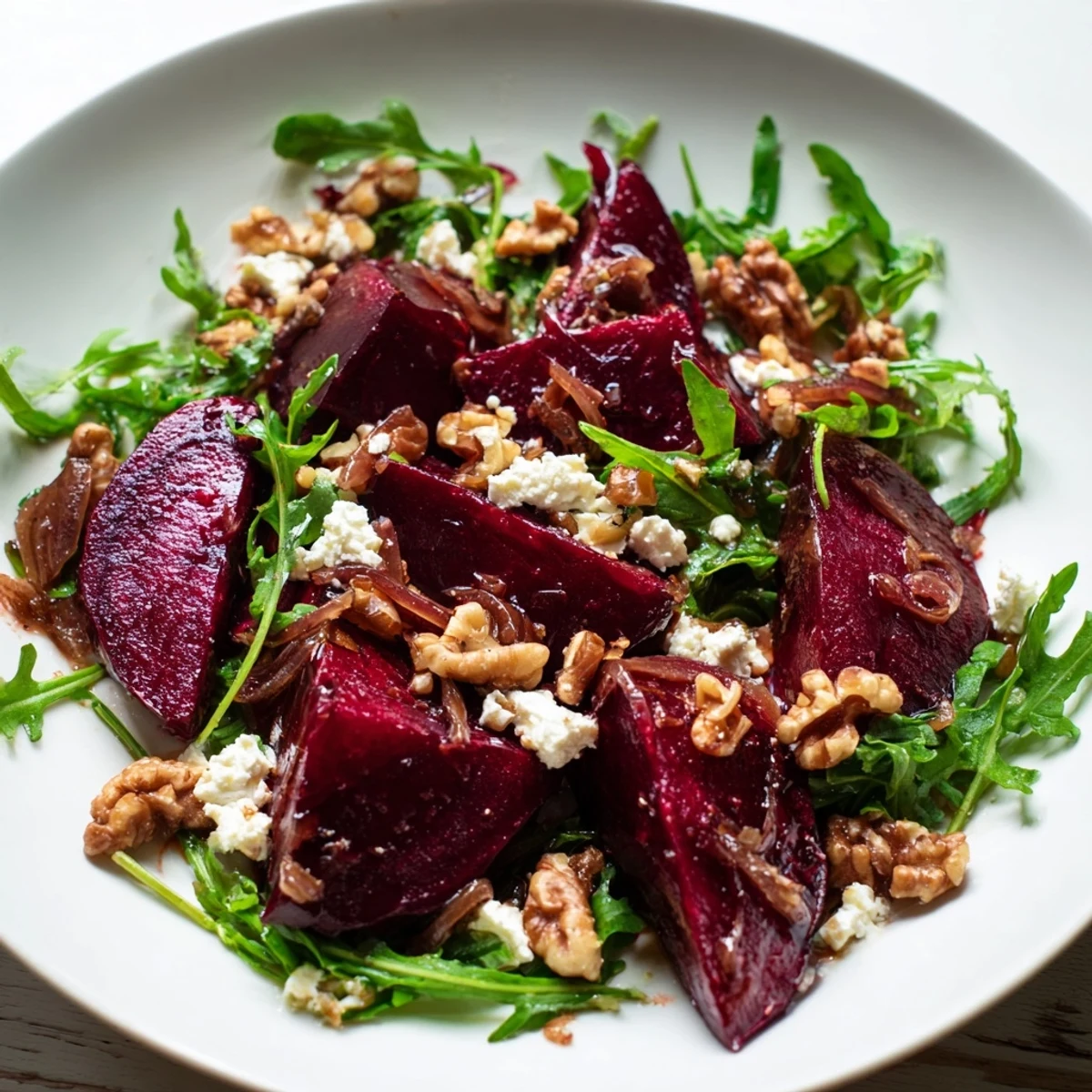 Vibrant Maple roasted beet and arugula salad served on a wooden board with sliced shallots.
