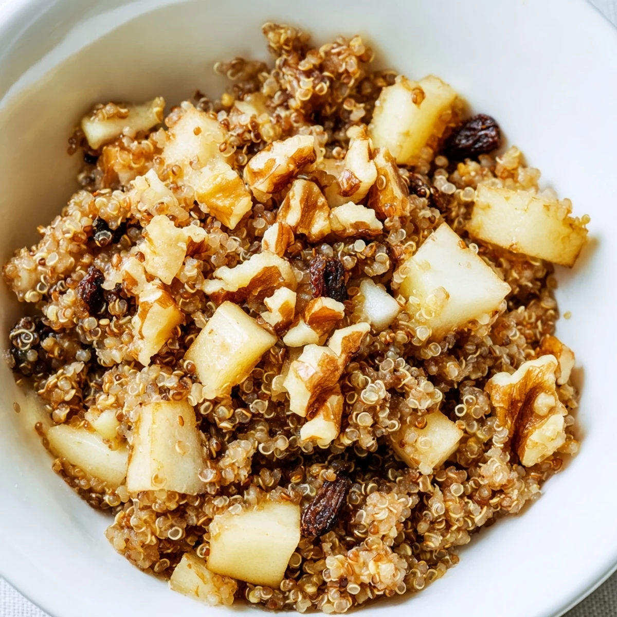 Steaming Apple Cinnamon Quinoa Breakfast Bowl garnished with chia seeds and pecans, highlighting a wholesome, gluten-free American breakfast with vibrant textures.